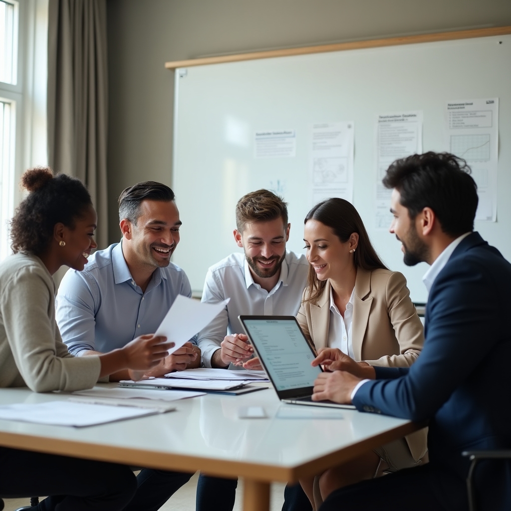 Small group of professionals gathered around a table in a modern meeting room, engaged in a workshop about decision-making