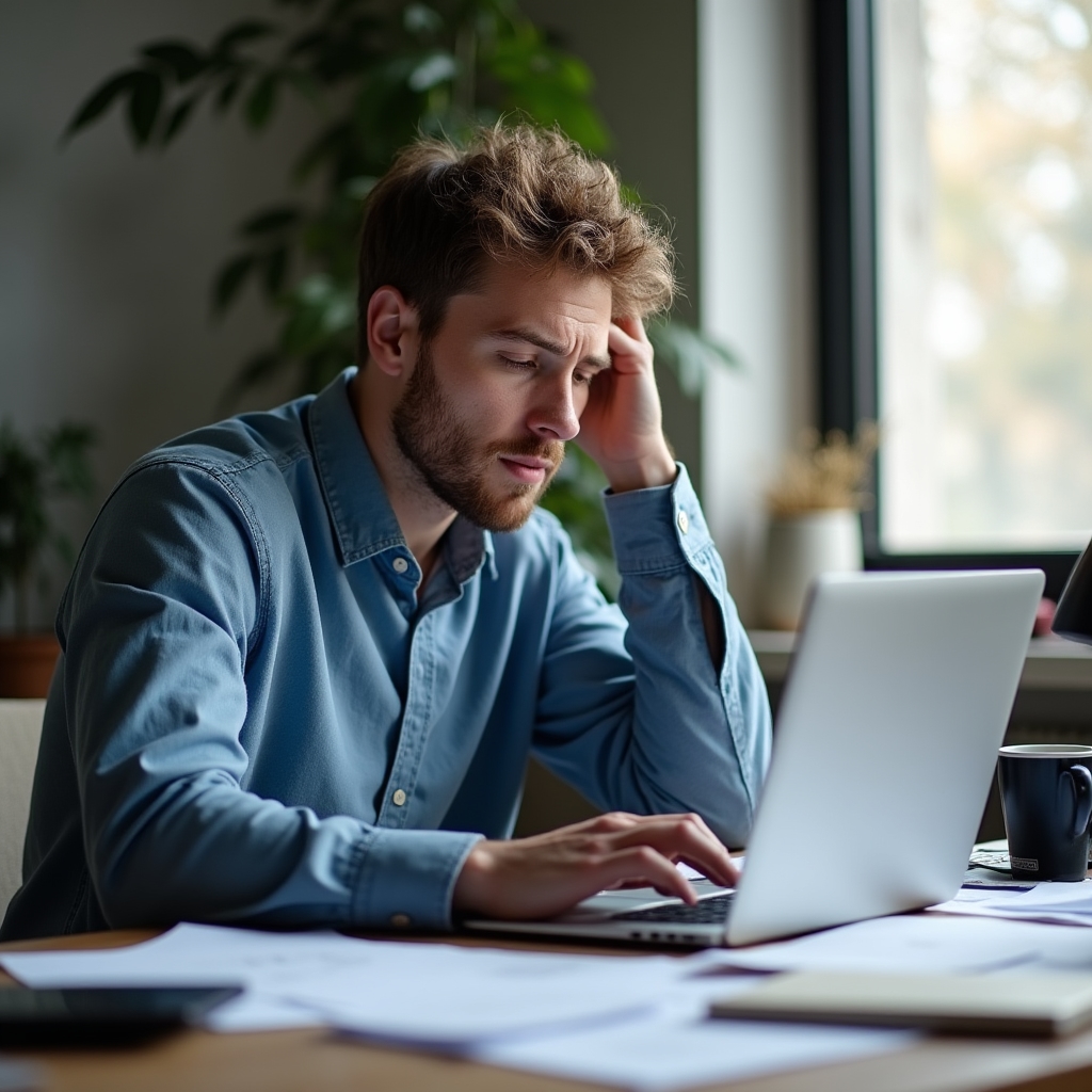 A man in his late 20s working at a home office desk with a laptop and scattered papers, looking slightly overwhelmed but focused