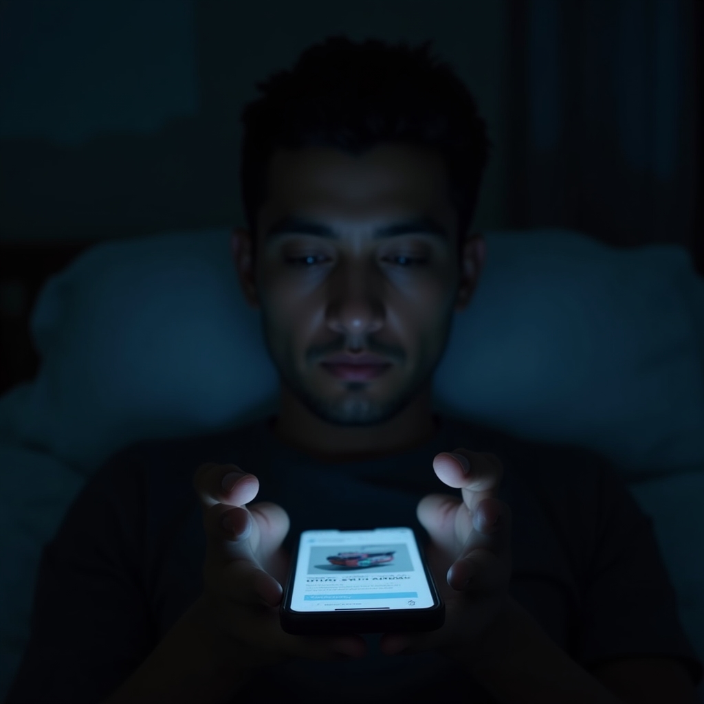 Close-up of hands holding a smartphone in a dark room, browsing an online shopping app late at night