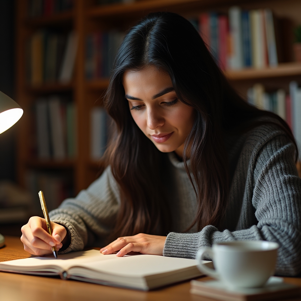 A person in their late 20s writing in a notebook at a wooden desk, surrounded by books, with a thoughtful focused expression
