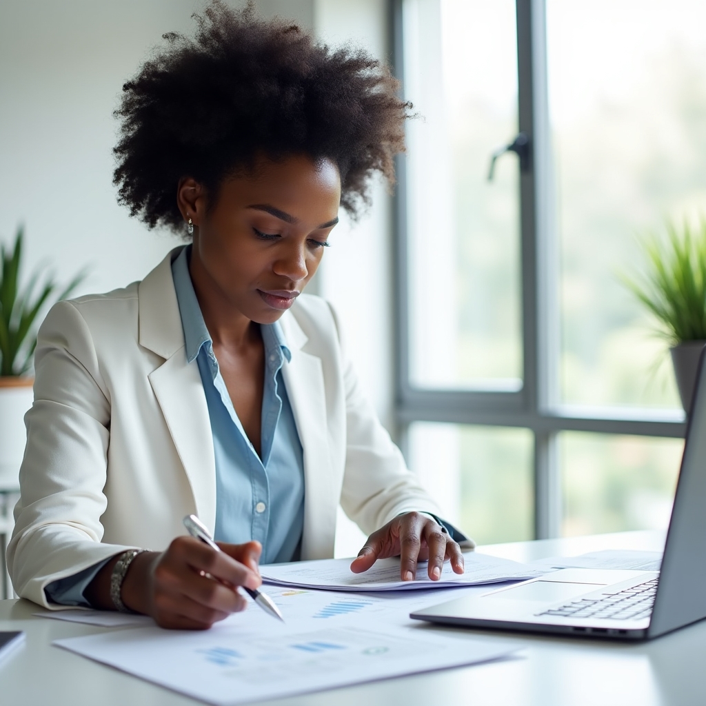 A woman in her early 30s sitting at a bright desk, reviewing printed financial documents with a focused and determined expression